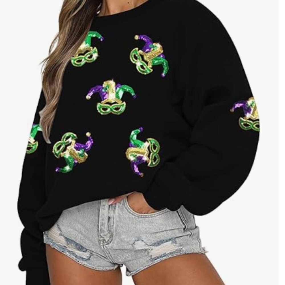 ASTANFY Carnival Mardi Gras Sweatshirt in Black Size S NWOT